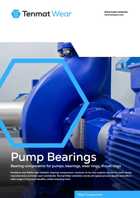 Close-up of a blue industrial pump with a hexagonal overlay and Pump Bearings text.