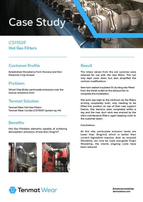 Case study flyer showing hot gas filters, results, and benefits at a steam nursery facility.