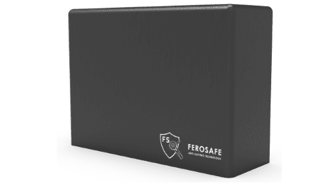 A black, rectangular safe with the Ferosafe logo and a shield emblem on the front.