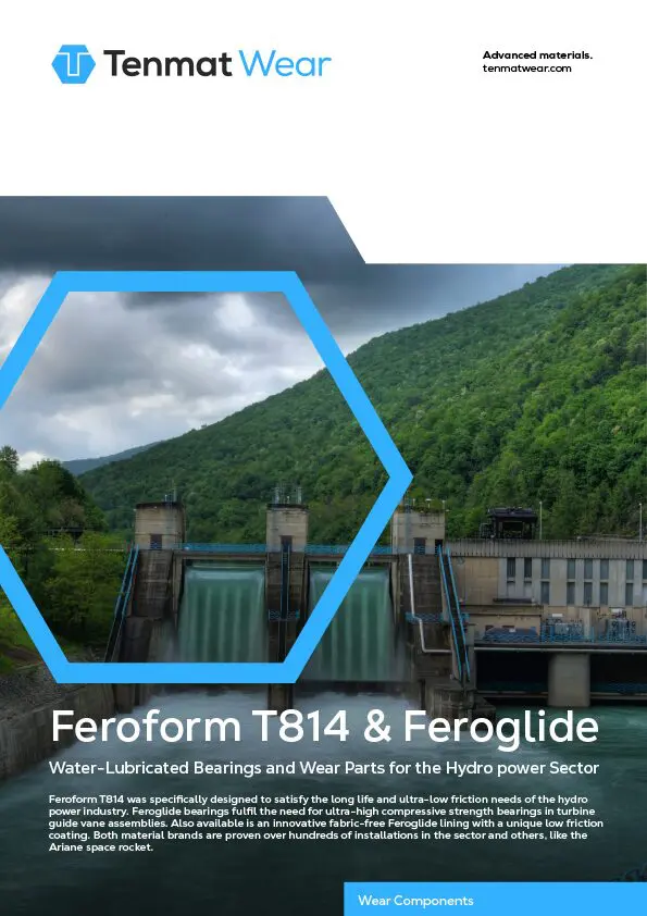 A hydropower plant with water flowing through turbines, surrounded by green hills and Tenmat branding.