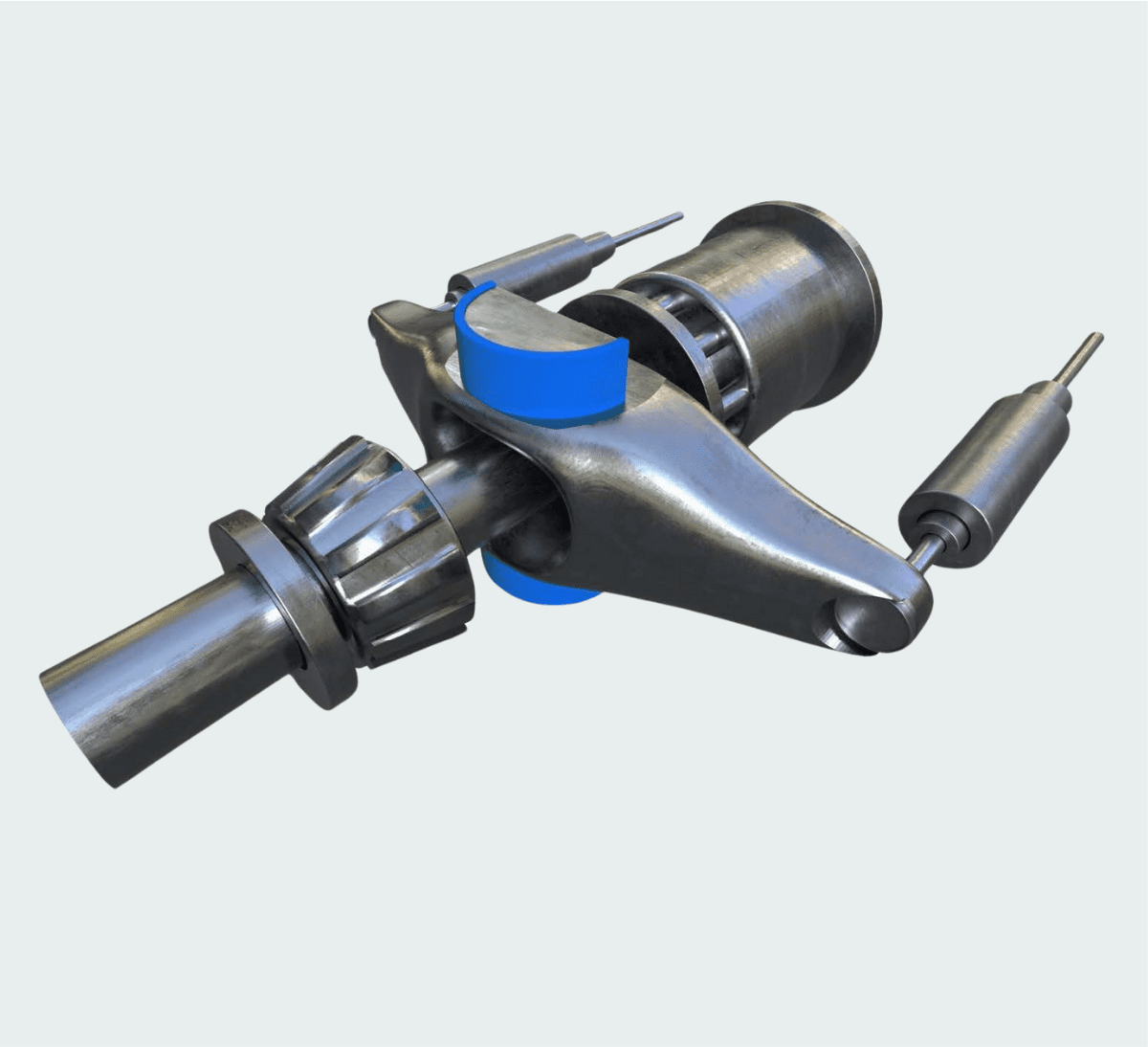 3D rendering of a metallic mechanical part with gears and blue highlights on a light grey background.