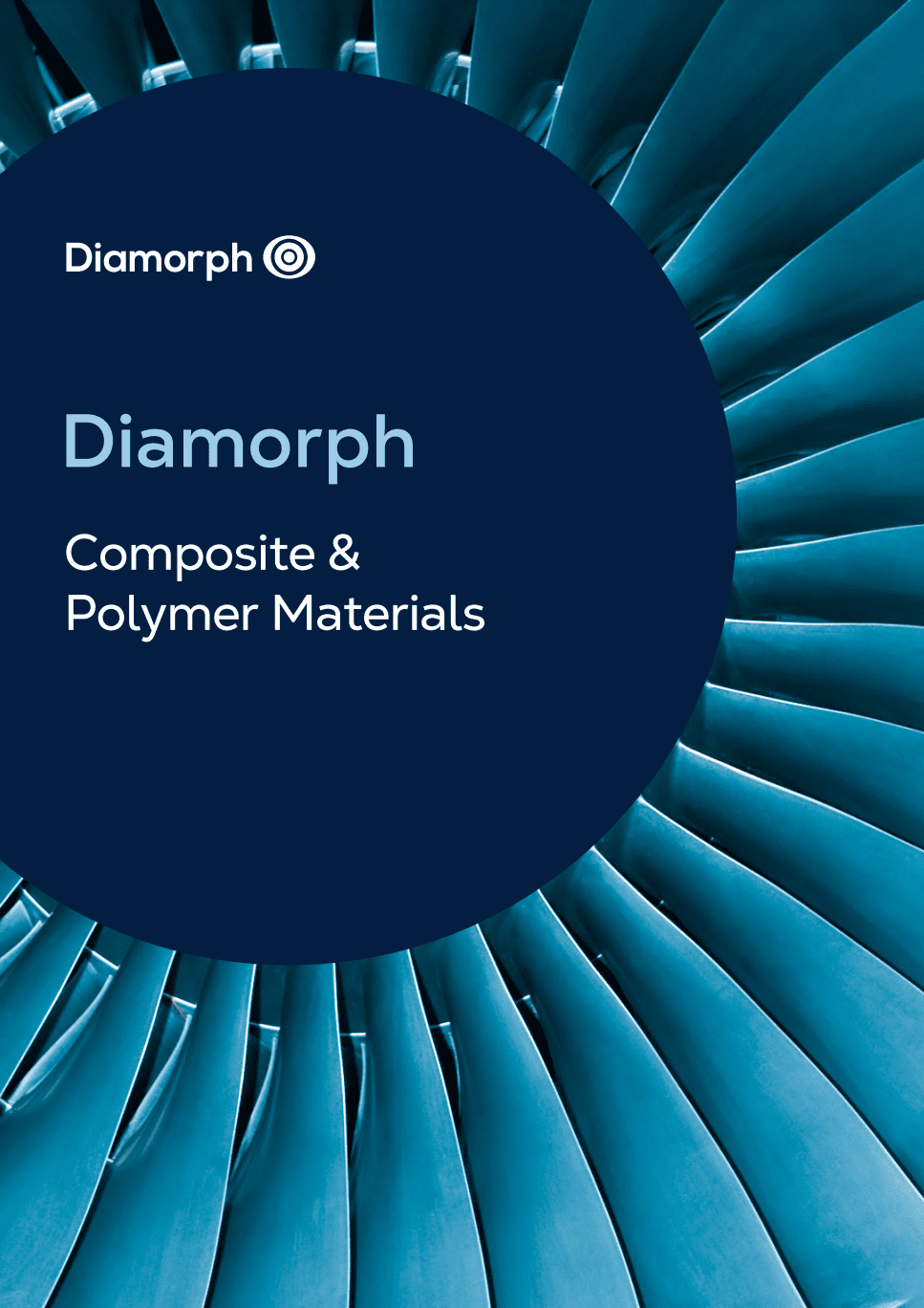 Close-up of blue turbine blades with a navy circle overlay reading, Diamorph Composite & Polymer Materials.