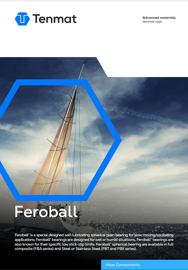 A sailboat mast points skyward, framed by a blue hexagon, with Tenmat and Feroball product info below.