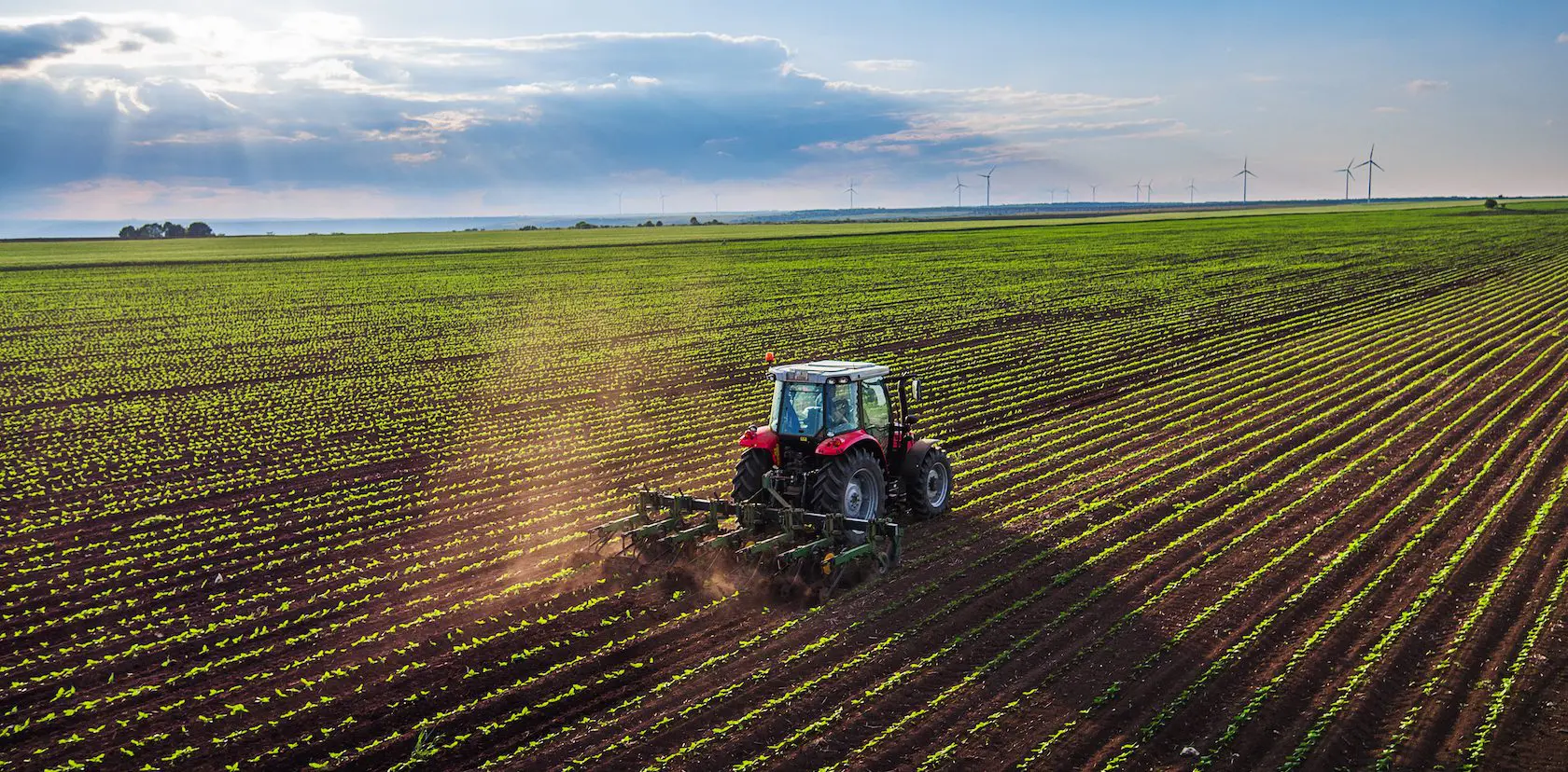 A red tractor plows a green field under a blue sky with clouds and distant wind turbines.