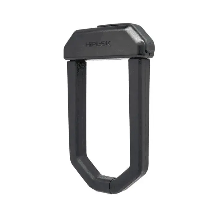 Black, rectangular folding bike lock in a closed position, with the brand name on the top bar.