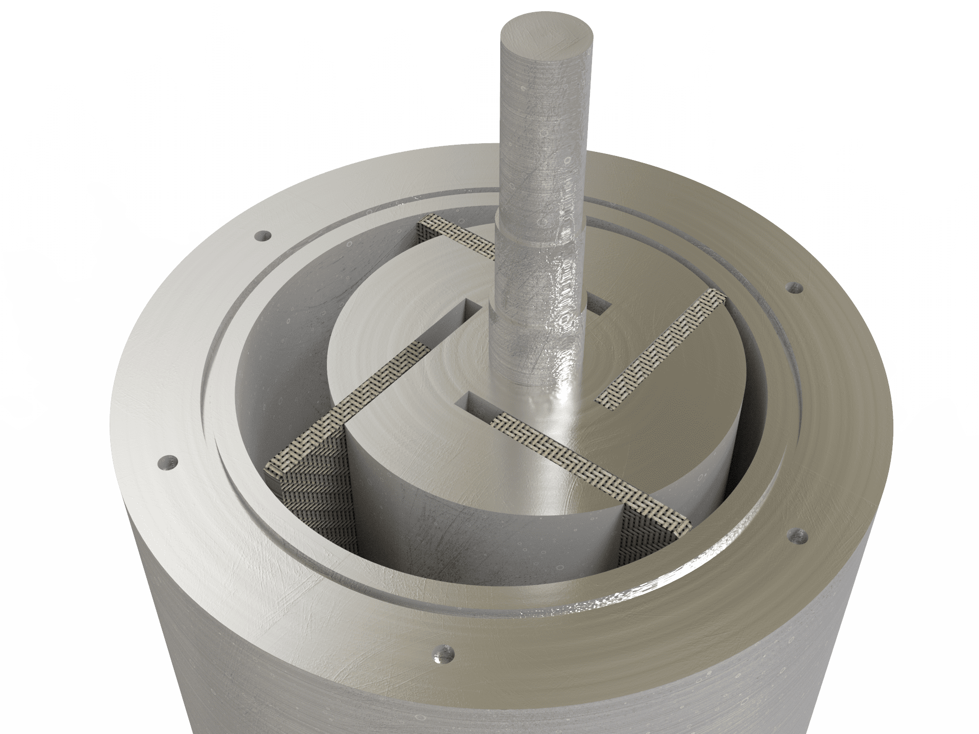 Silver cylindrical mechanical part with shaft and internal slots, viewed from above on a white background.