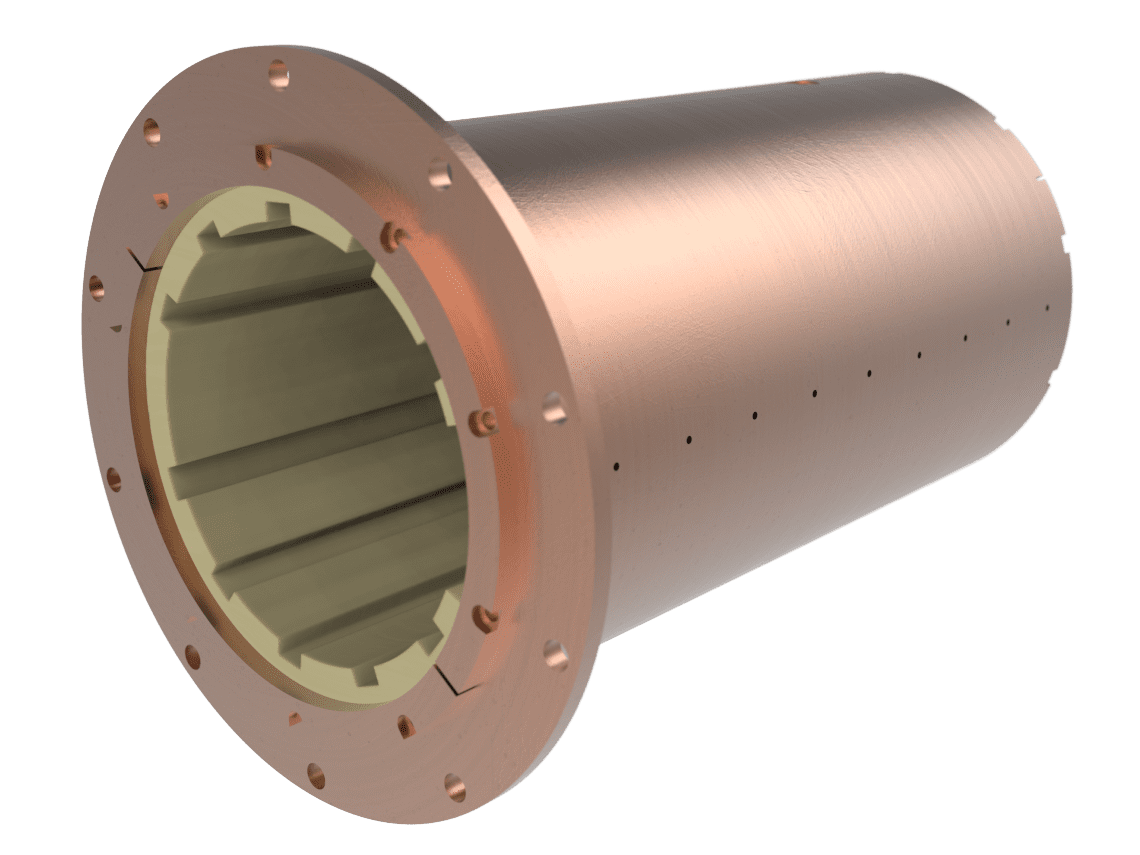 assembly-model-1-bronze-housing-ridged-insert-.29 Copper-colored cylindrical mechanical component with a flanged end and internal grooves, shown on a white background.
