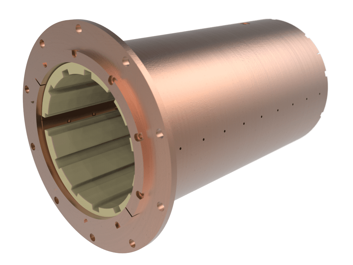assembly-model-1-bronze-housing-ridged-insert-v2.53 A cylindrical copper-colored metal component with flanges and an open, ribbed interior.