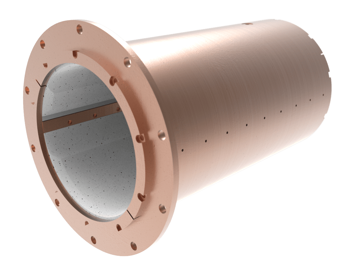assembly-model-1-bronze-housing.21 Copper cylindrical metal component with a flanged rim, featuring holes around the edge and an open hollow center.