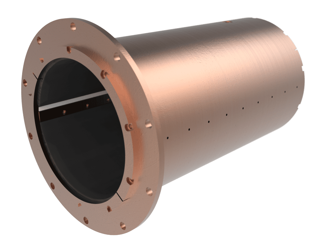 assembly-model-1-bronze-housing.28 A cylindrical copper metal component with a flanged edge and holes around the rim.