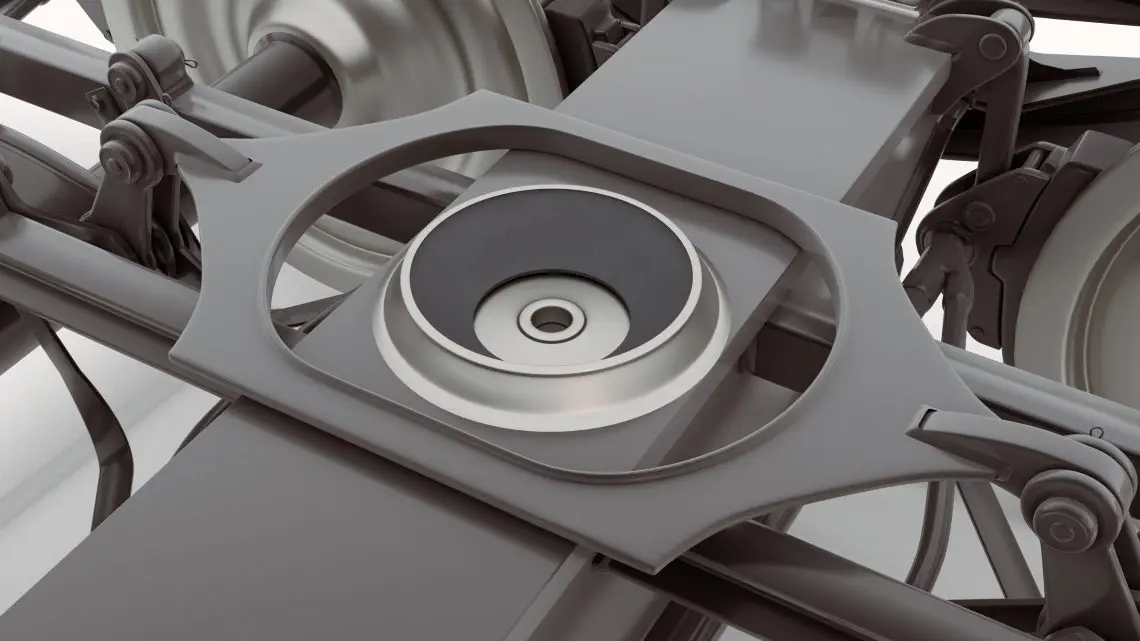 09-wp-centre-pivot-liner-cpl-rail-tds-in-situ2 Close-up view of a metallic mechanical part, possibly a bearing or component of a machine or vehicle.