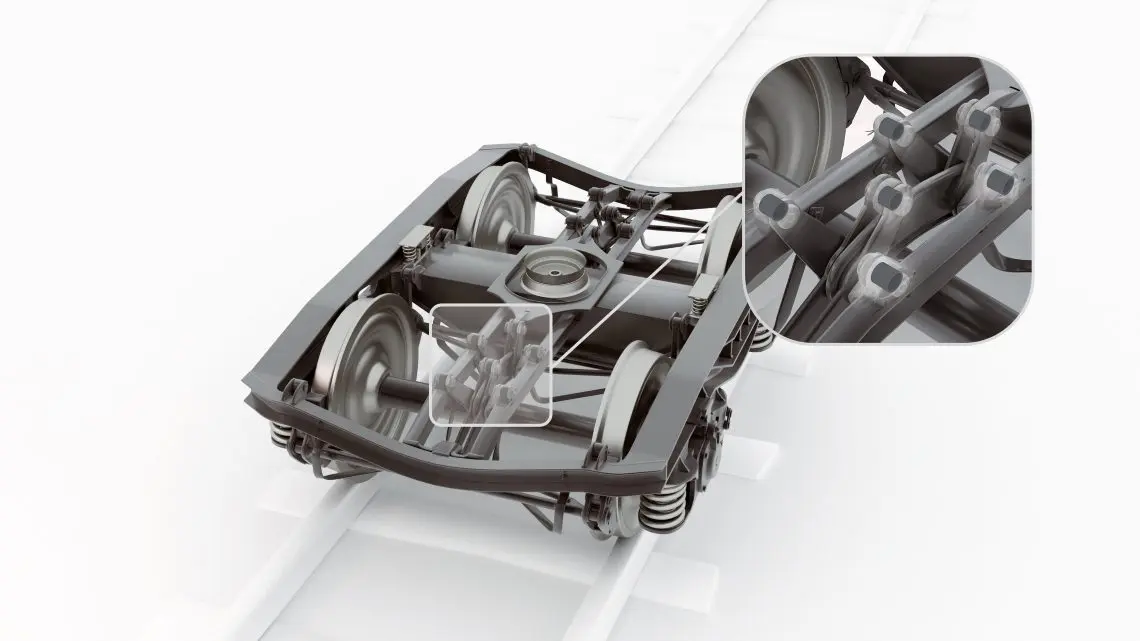 14-wp-brake-linkage-bushes-rail-tds-in-situ1 3D model of a train wheel assembly on tracks with a magnified view highlighting mechanical details.