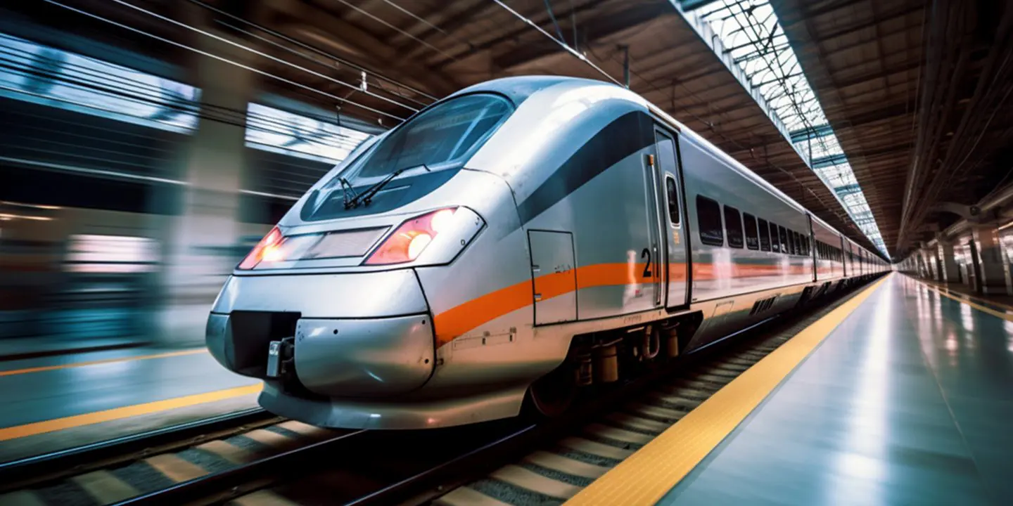 A modern high-speed train travels along a station platform inside a large, well-lit terminal.