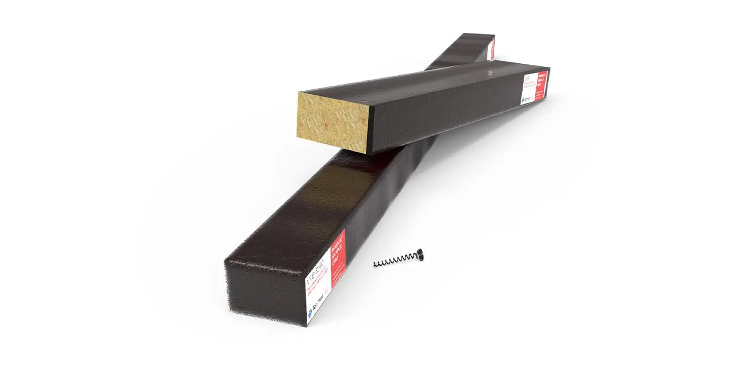 Two rectangular black structural beams with labels, and a black screw on a white background.