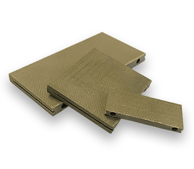 Three rectangular, textured, olive-brown industrial plates stacked on top of each other on a white background.