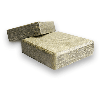 Two rectangular, textured gold gift boxes, one closed and one with the lid partially removed.