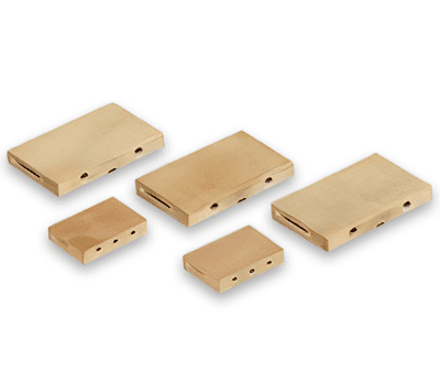 Five rectangular wooden blocks of different sizes arranged on a white background.