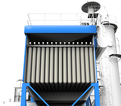 Close-up view of industrial equipment with vertical cylindrical pipes and a blue frame structure.