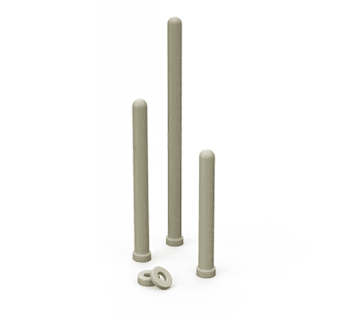 Three beige cylindrical rods of varying heights and two small round washers on a white background.