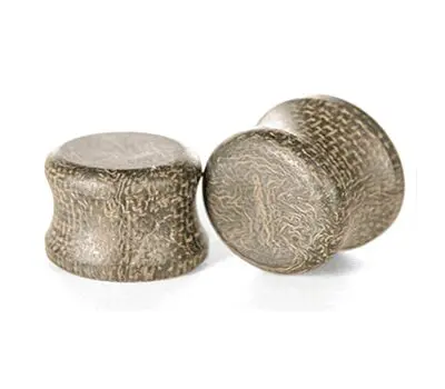 Two cylindrical, textured, metallic plugs with a slight hourglass shape, placed on a white background.