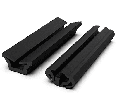 Two black rubber extrusions with grooved profiles, shown side by side on a white background.