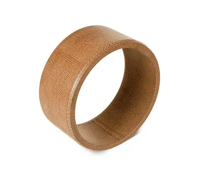 A wide, textured, light brown cylindrical ring standing upright on a white background.