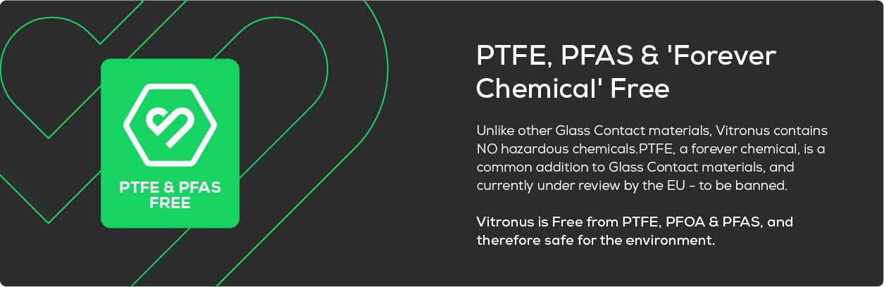 Green badge with white icon and text: PTFE & PFAS FREE, beside info on Vitronus being free from hazardous chemicals.