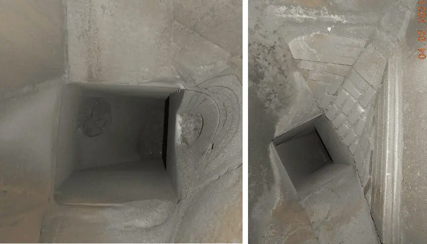 Two perspectives of a square, dusty air duct interior with debris and buildup on the surfaces.
