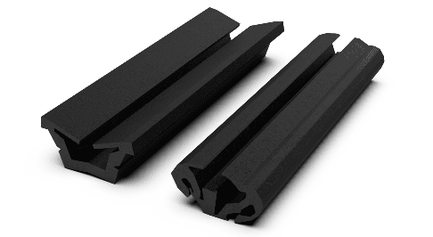 Two black, rubber U-channel seals with grooves, lying side by side on a white background.
