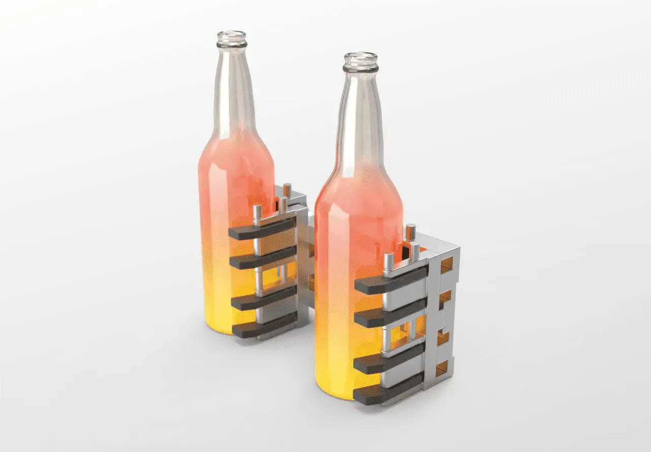 vitronus-campaign-02 Two glass bottles with gradient orange liquid, each held by a metal clamp device on a white background.