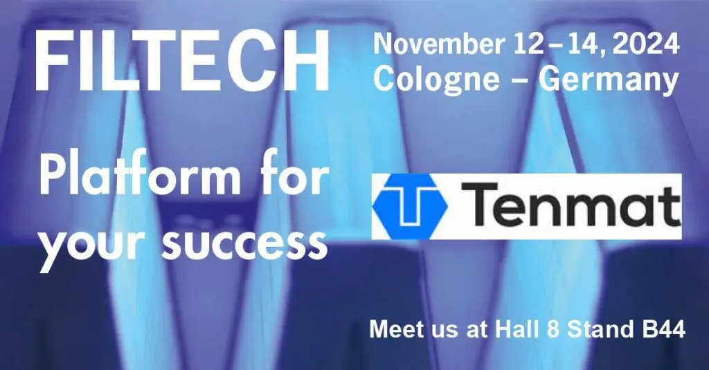 FILTECH 2024 event ad: November 12–14, Cologne, Germany, featuring Tenmat. Meet at Hall 8 Stand B44.