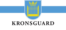 Blue and yellow shield logo with a crown and gate above the text KRONSGUARD.