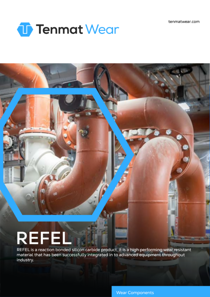 Large orange industrial pipes and valves featured in a factory setting with Tenmat Wear branding.