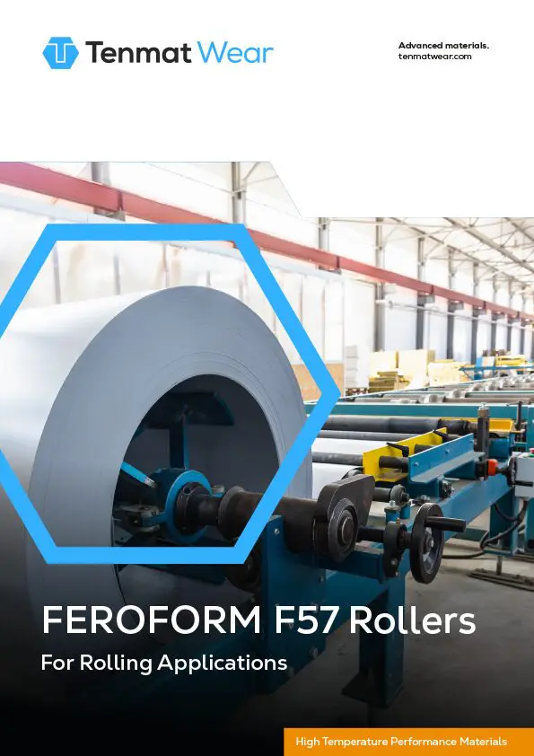 Large metal roller machine in a factory setting with Tenmat Wear branding and product details.