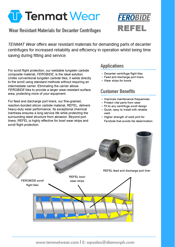 Brochure for Tenmat Wear decanter centrifuge materials, featuring product info and images.