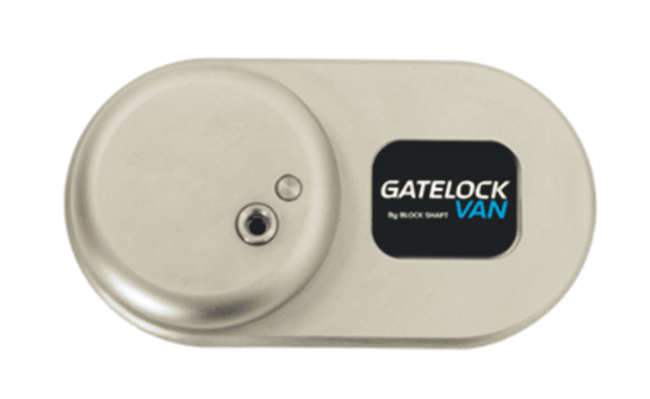 Oct 22 2020 Silver van lock with a round keyhole and a GATELOCK VAN label on a rectangular black background.