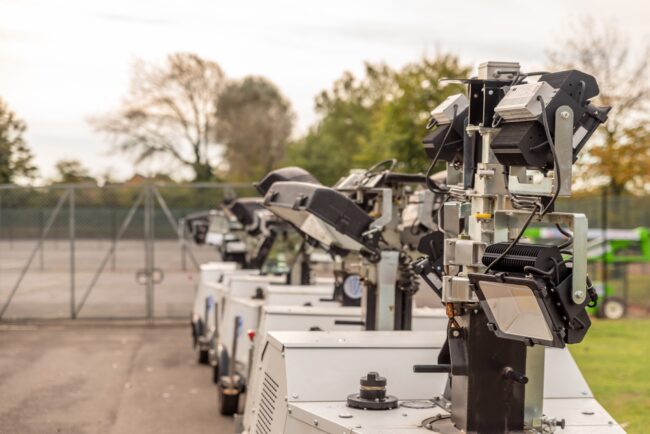 Folded,Mobile,Sport,Stadium,Lights,Over,Locked,Field,In,England Several portable floodlights are lined up outdoors near a chain-link fence, with trees in the background.
