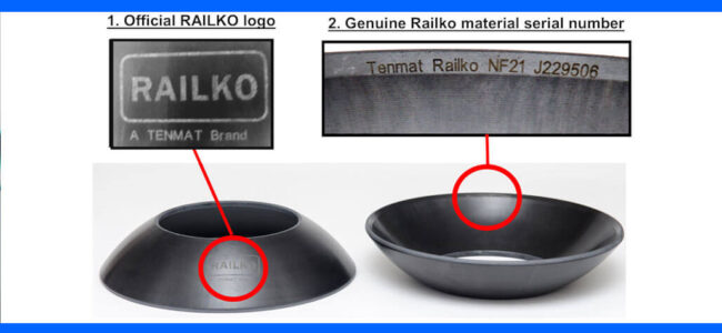 Branding_RAILKO_NF21_Centre_Pivot_Liners Two black bowls showing the RAILKO logo and a serial number, each highlighted with a red circle.