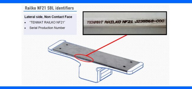 Introducing-side-bearer-liner-branding-TENMAT Metal component with engraved text TEMAT RAILKO NF21 J239589-000 highlighted by a red circle and line.