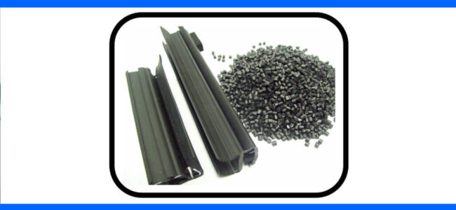Low-Friction-Coatings-Weather-Seals-Strips Black plastic pellets beside two black extruded plastic profiles on a white background with a blue border.