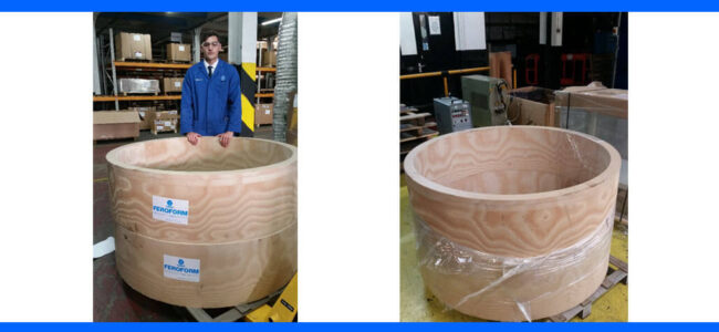 TENMAT-FEROFORM-T814-2 A person stands beside a large, round wooden tub; a similar tub is shown wrapped in plastic nearby.