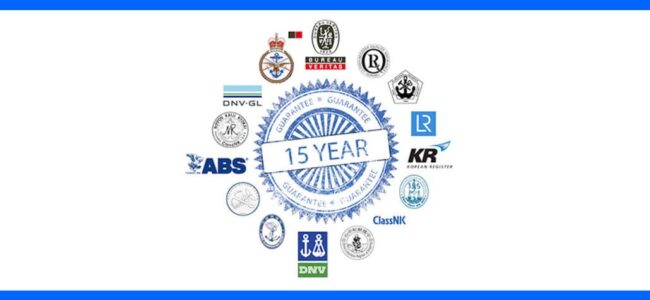 TENMAT-Marine-Bearings-15-Year-Warranty-1 A blue 15 Year Guarantee seal surrounded by various maritime certification logos on a white background.