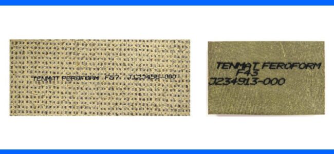 TENMAT-introduces-rotor-vane-traceability-1 Two rectangular Tenmat Feroborm material samples with printed codes on a white background.