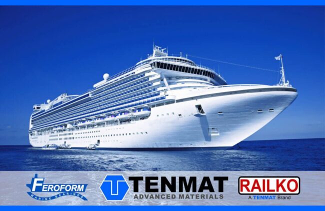 emergency-breakdown-rudder-propeller-shaft Large white cruise ship at sea with Ferotorm, Tenmat, and Railko logos at the bottom on a blue background.