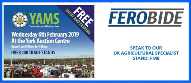 ferobide-saving-maintenance-downtime-agriculture-europe-tenmat YAMS 2019 event poster with farm machinery and FEROBIDE stand promotion at the York Auction Centre.