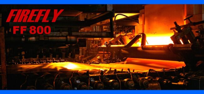 glass-roller-ff-800 A glowing hot metal sheet moves through industrial rollers, with FIREFLY FF 800 text in red on the left.