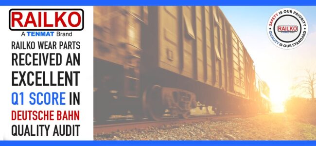 railko-nf-q1-deutsche-bahn Freight train in sunlight; text: RAILKO received excellent Q1 score in Deutsche Bahn quality audit.