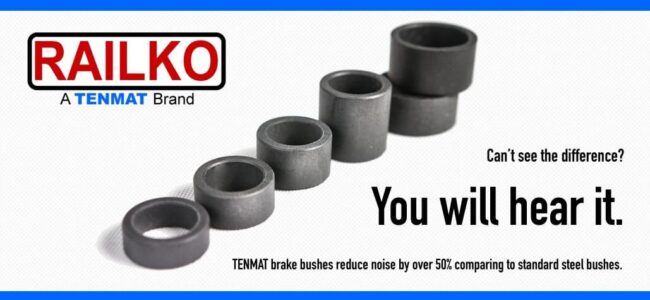 tenmat-brake-bushes-contribute-to-reducing-noise-european-freight-rail Six cylindrical brake bushes are arranged on a white background with bold text promoting noise reduction benefits.