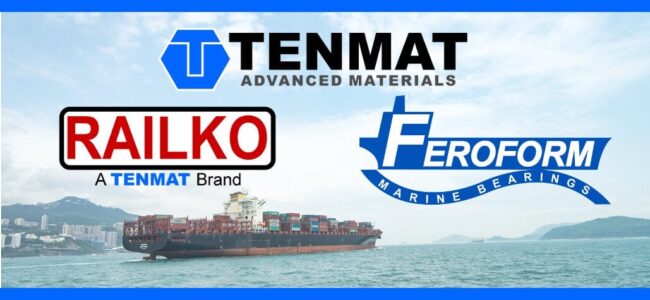 tenmat-feroform-eal-1 Container ship at sea with TENMAT, RAILKO, and FEROFORM marine bearings logos overlaid on the image.
