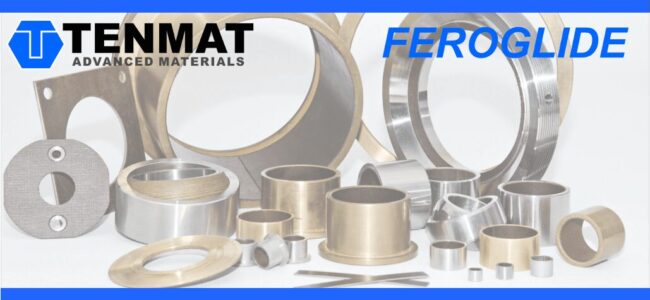 tenmat-feroglide-bearings Metallic and composite bushings of various sizes, labeled TENMAT Advanced Materials and FEROGLE in blue text.